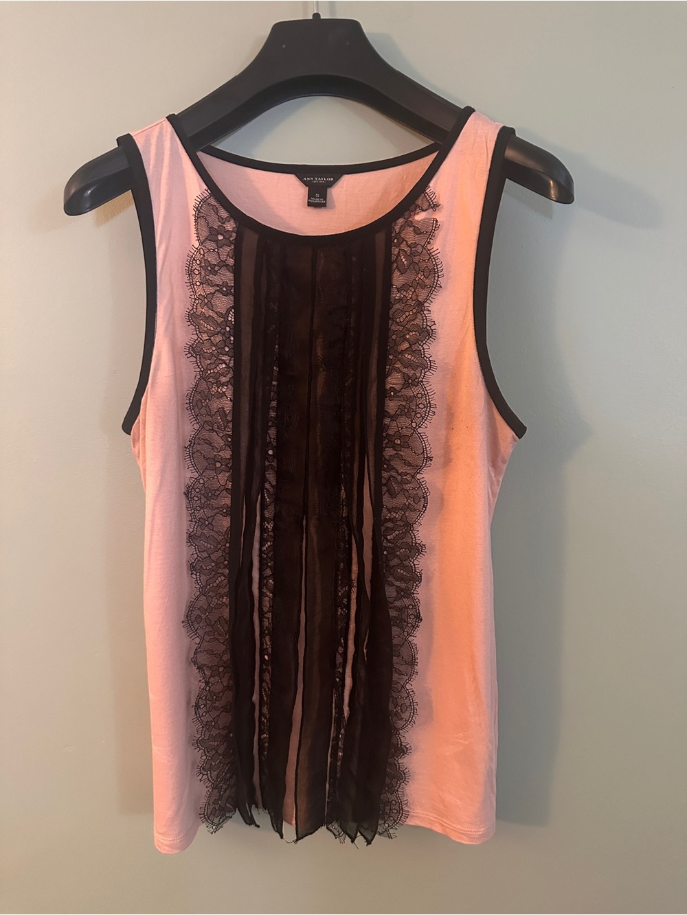 Ann Taylor Pink tank with Black Lace & Chiffon Panels